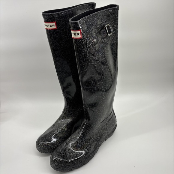 HUNTER Wellies Rainboots Original Tall Glitter Starcloud Women's Size 9 Black - Picture 4 of 15